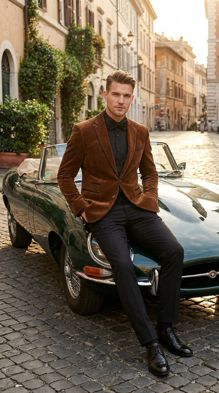 Brown Tuxedo Velvet Blazer for Men | Classic Formal Party and Evening Wear Dinner Jacket