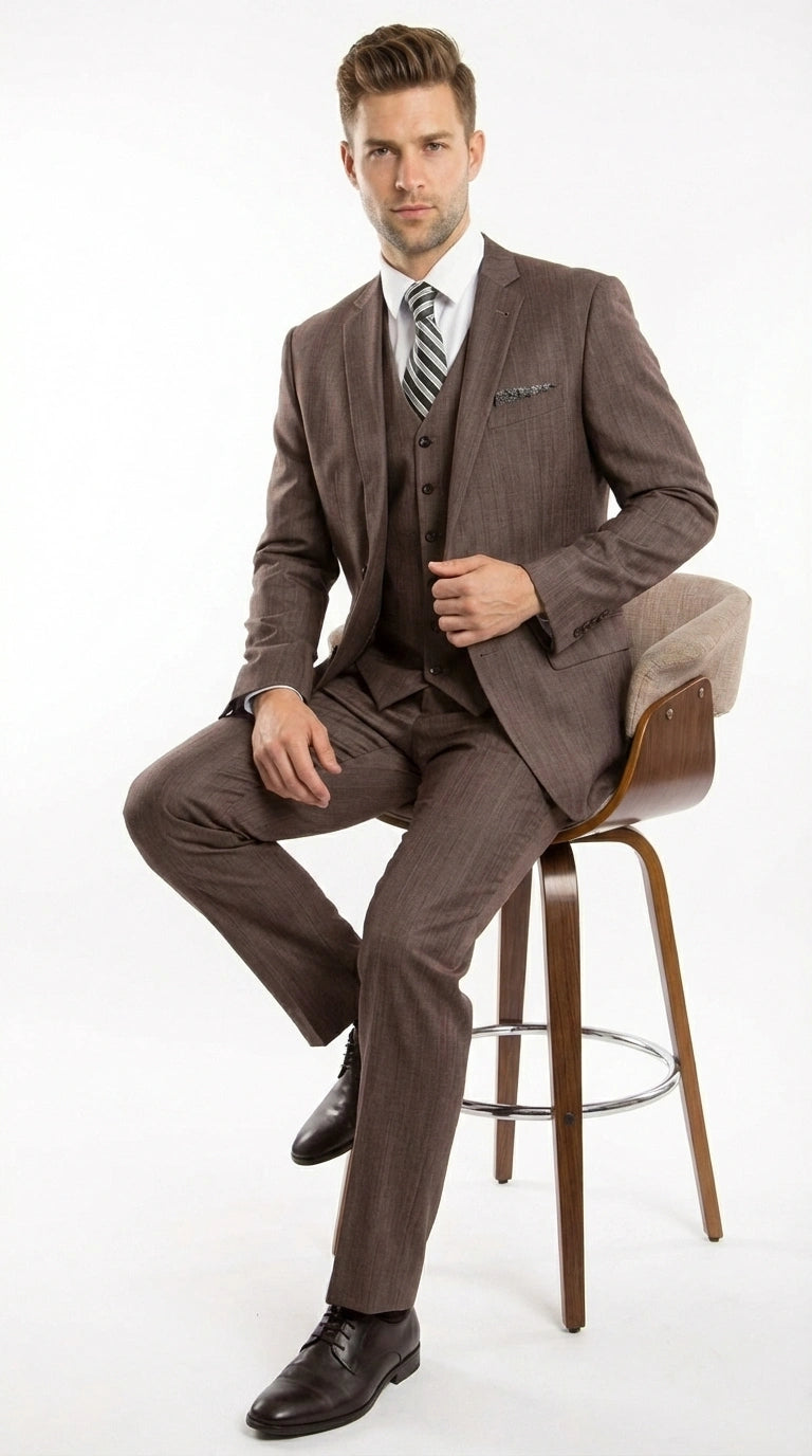 Men’s Brown Sharkskin 3 Piece Suit – Textured Two Button Vested Business Formal Suit for Wedding, Party Wear Vested - 34 Short or Extra Small