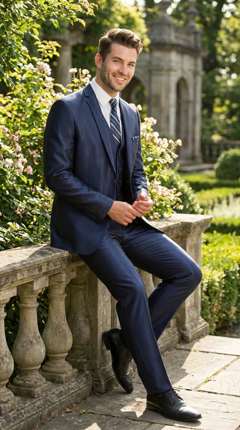 Men’s Navy Blue Sharkskin 3 Piece Suit – Two Button Vested Shiny Formal Suit for Wedding, Prom, Business and Party Wear - 34 Short or Extra Small