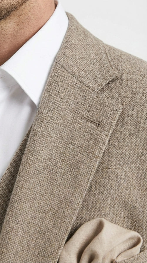 Men’s Light Beige Herringbone Tweed Suit with Vest – Classic Three Piece Formal Suit, Vintage Business Wedding Outfit, Elegant Smart Casual Wear