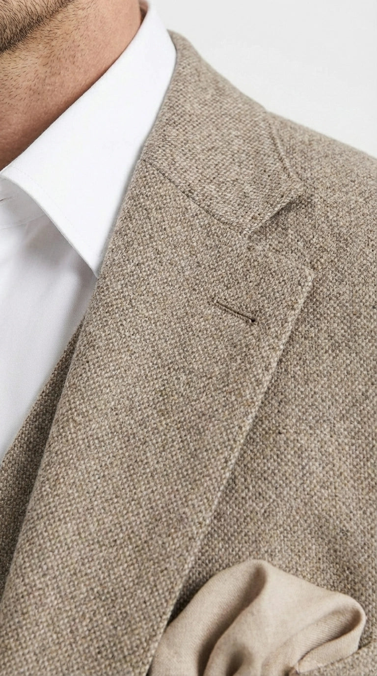 Men’s Light Beige Herringbone Tweed Suit with Vest – Classic Three Piece Formal Suit, Vintage Business Wedding Outfit, Elegant Smart Casual Wear - 34 Short or Extra Small