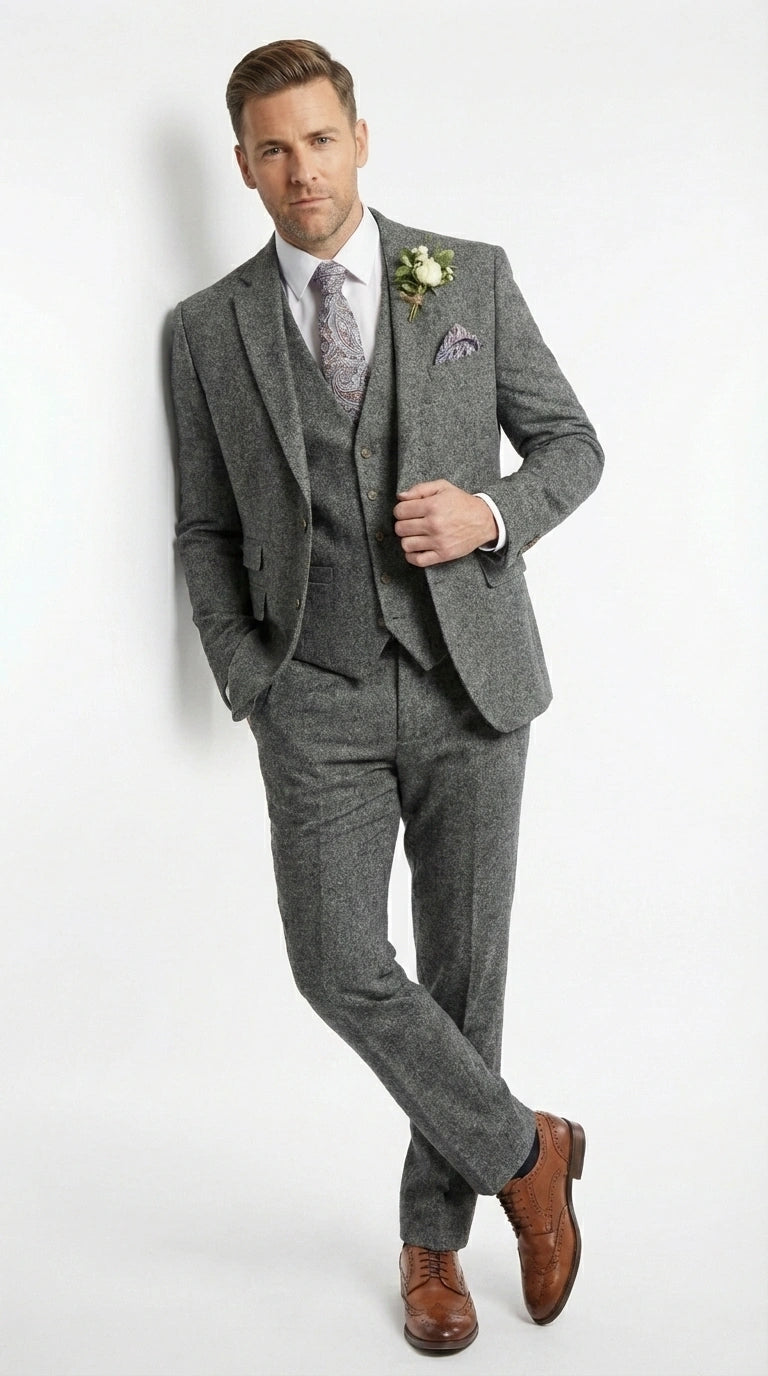 Men’s Peaky Blinder Light Grey Tweed Suit with Vest – Classic Three Piece Formal Suit, Vintage Wedding Business Outfit - 34 Short or Extra Small