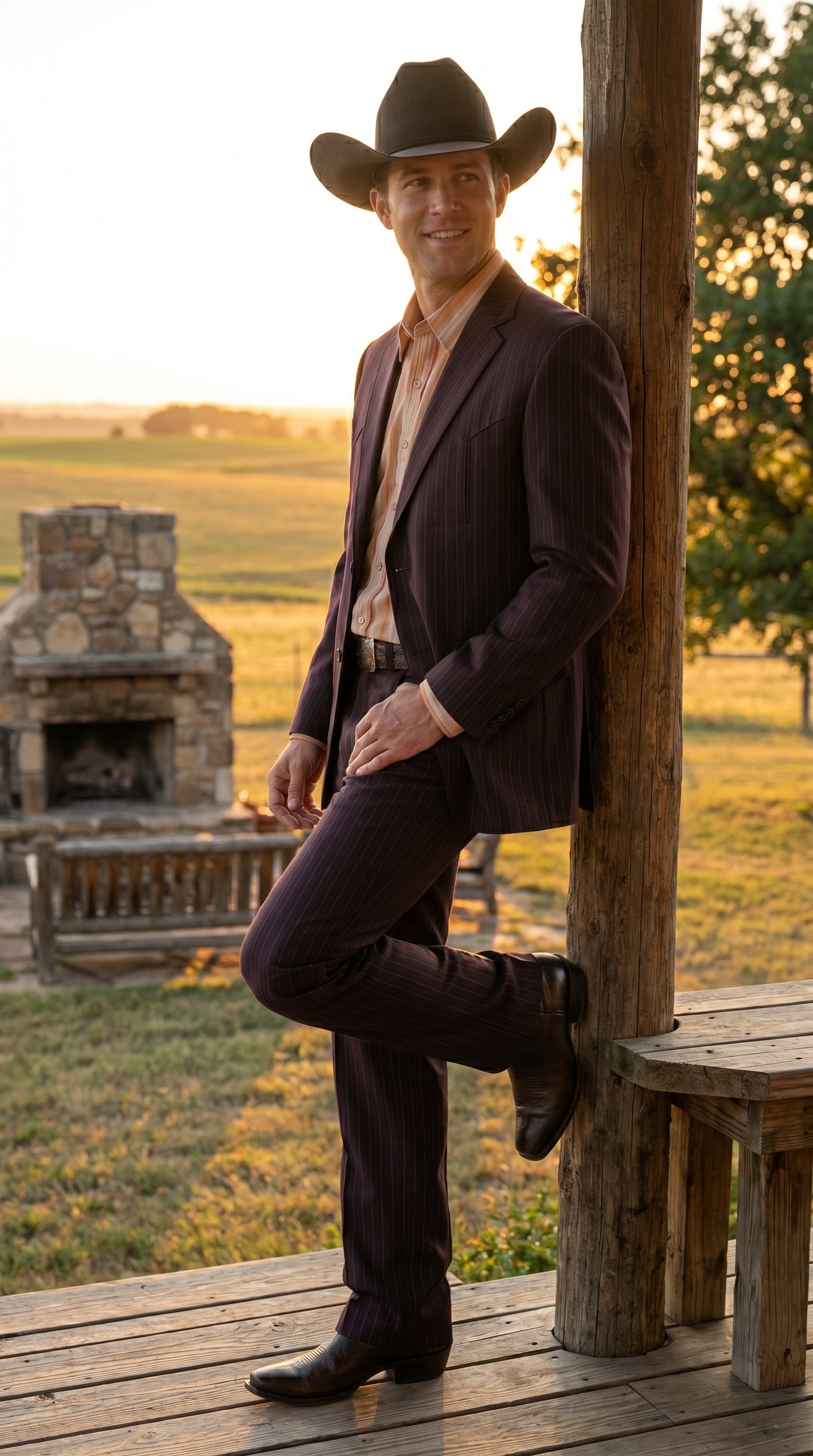 Men’s Brownish Black Pinstripe Western Suit, Cowboy Formal Wedding Ranch Dress Suit Set Slim Fitted - 36R