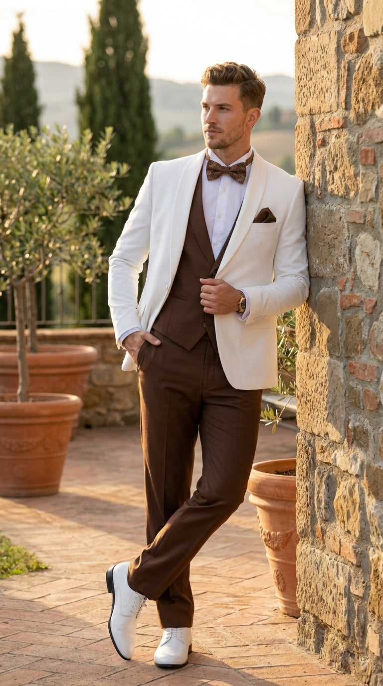 Men’s Ivory and Brown 3 Piece Suit – Elegant White Blazer with Brown Vest and Trousers for Wedding, Prom and Formal Events in off White Cream + Bowtie - 34 Short or Extra Small