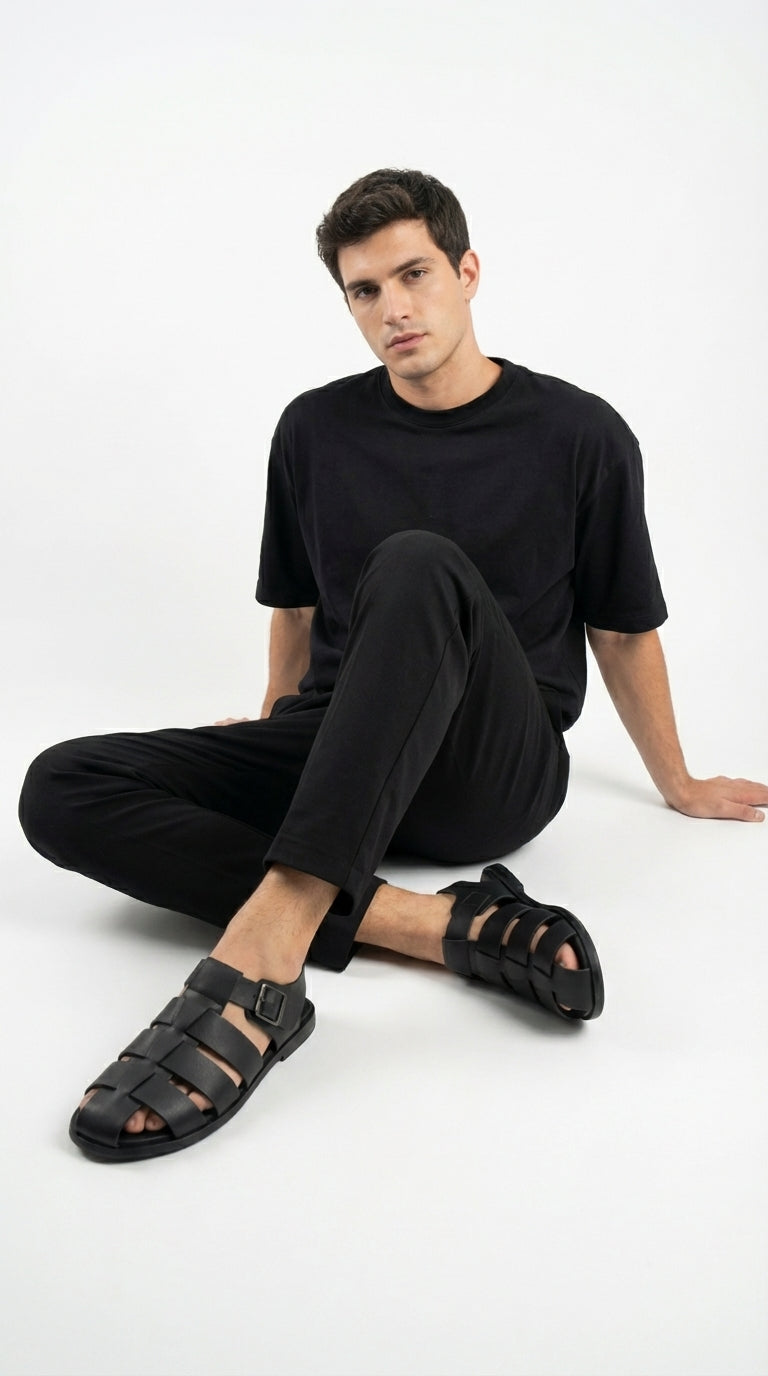 Mens Black Leather Sandals – Buckle Strap Casual Summer Shoes Breathable Open Toe Comfort Footwear - 39 (6-6.5 US)