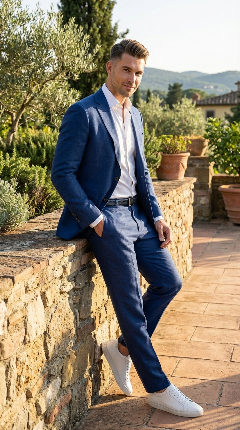 Mens Enzo Tovare Denim Blue Linen Summer Suit – Breathable Two Piece Suit for Wedding, Business, Travel - 34 Short or Extra Small