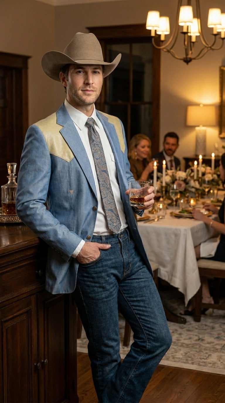 Men’s Steel - Light Blue and Bone Color Western Cowboy Blazer – Shiny Country Style Dress Jacket for Rodeo Saco De Hombre Vaquero - 36 Short