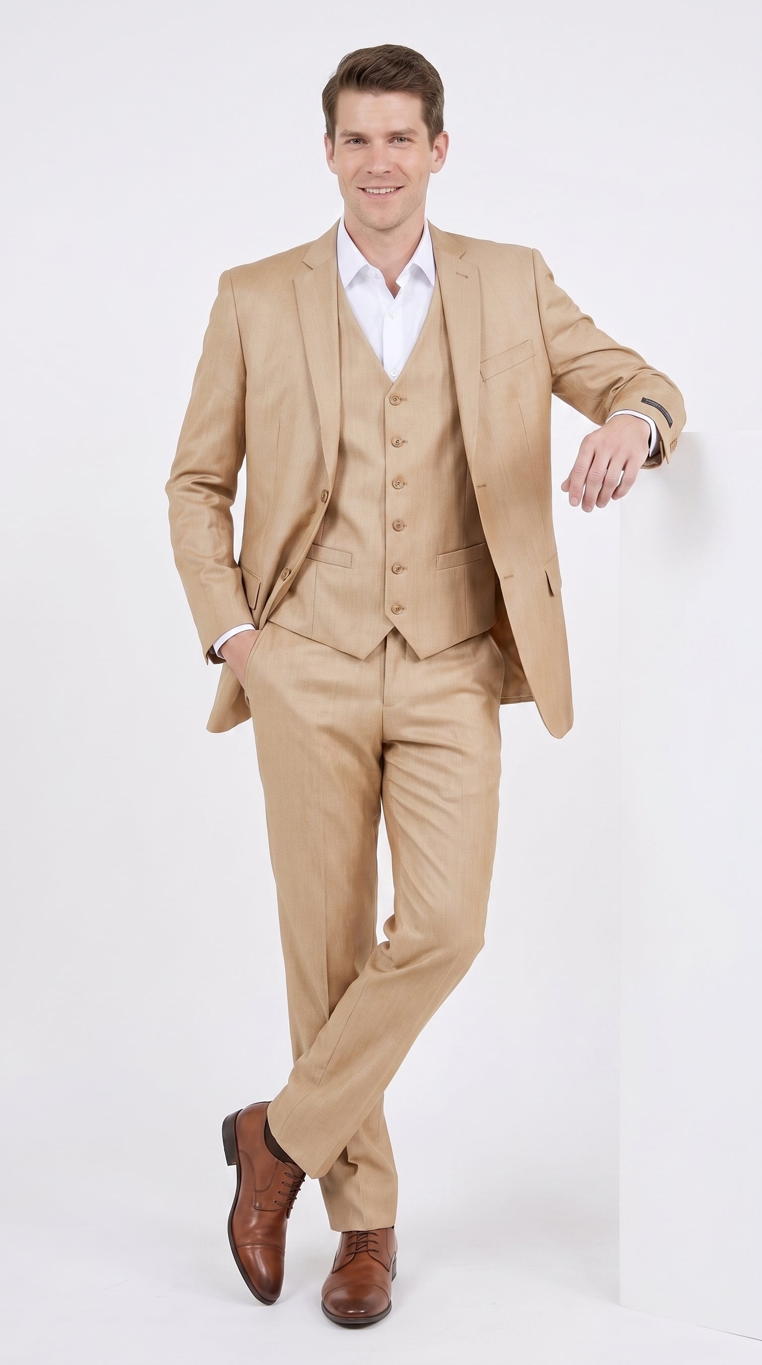 Men’s Camel Khaki Bronze Sharkskin 3-Piece Suit – Modern Wedding, Business and Formal Suit with Matching Vest - 34 Short or Extra Small