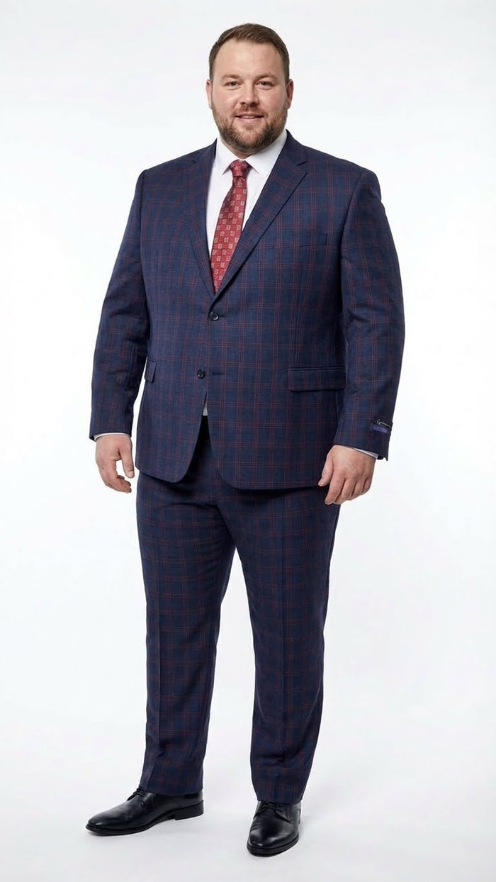 Mens Navy Blue and Burgundy Checkered Two-Piece Suit Plaid Windowpane Flat Front Pants or Pleated Wide Leg Pants - 100% Wool