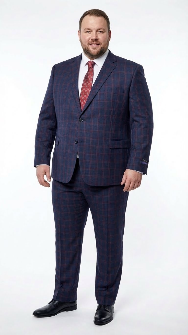 Men’s Navy Blue and Burgundy Checkered Two-Piece Suit Plaid Windowpane – Flat Front Pants or Pleated Wide Leg Pants - 100% Wool - Navy Blue and Burgundy