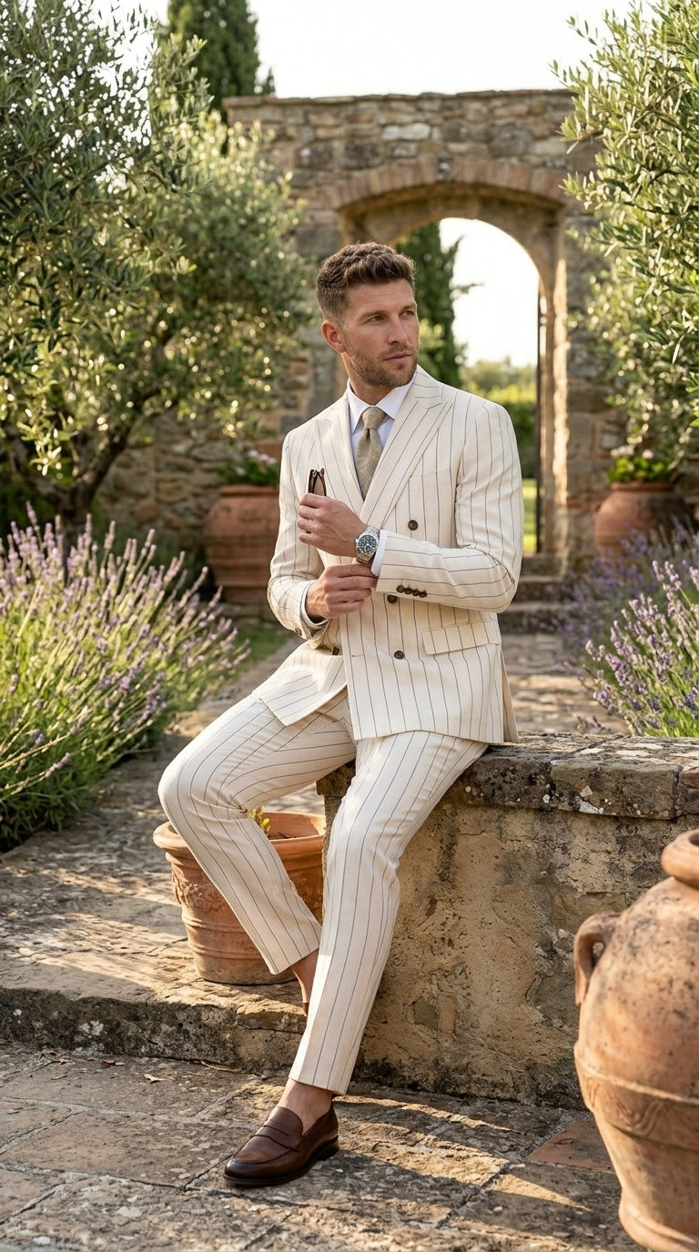 Men’s Cream Off White Pinstripe Linen Pinstripe 2 Piece Double Breasted Suit, Summer Wedding Ivory Color By Vitali - 34 Short or Extra Small