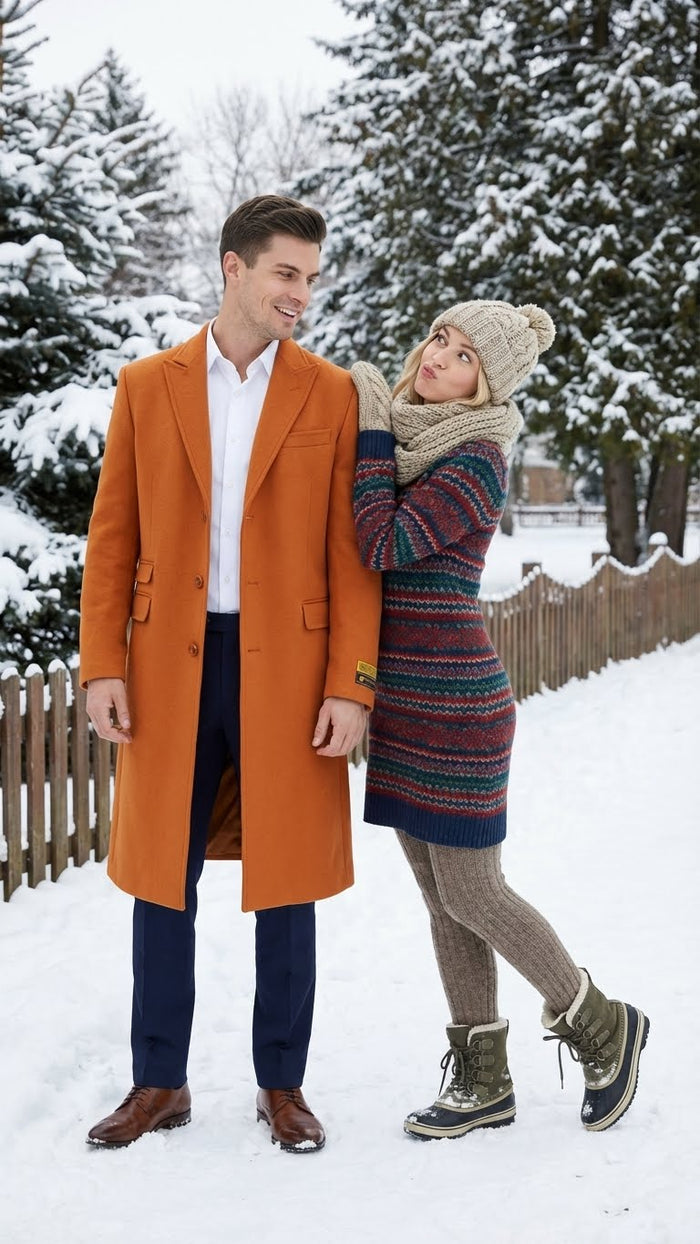 Mens Orange - Rust Wool Blend Long Overcoat Topcoat Carcoat Topcoat