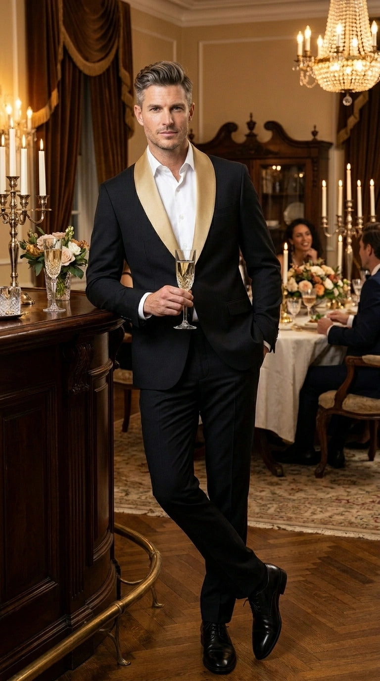 Men’s Black Suit with Gold Lapel – Luxury Formal Tuxedo Style Suit for Wedding, Prom, Party and Evening Wear - 34 Short or Extra Small