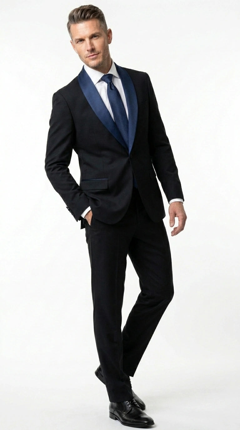 Men’s Black Suit with Navy Blue Lapel – Elegant Formal Tuxedo Style Suit for Wedding, Prom, Party and Evening Wear - 34 Short or Extra Small