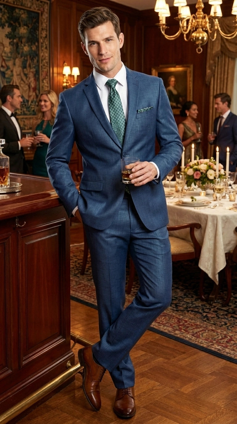 Men’s Indigo Blue Sharkskin Suit – Textured Shiny Formal Suit for Wedding, Business, 2 Buttons Slim Fitted - 34 Short or Extra Small