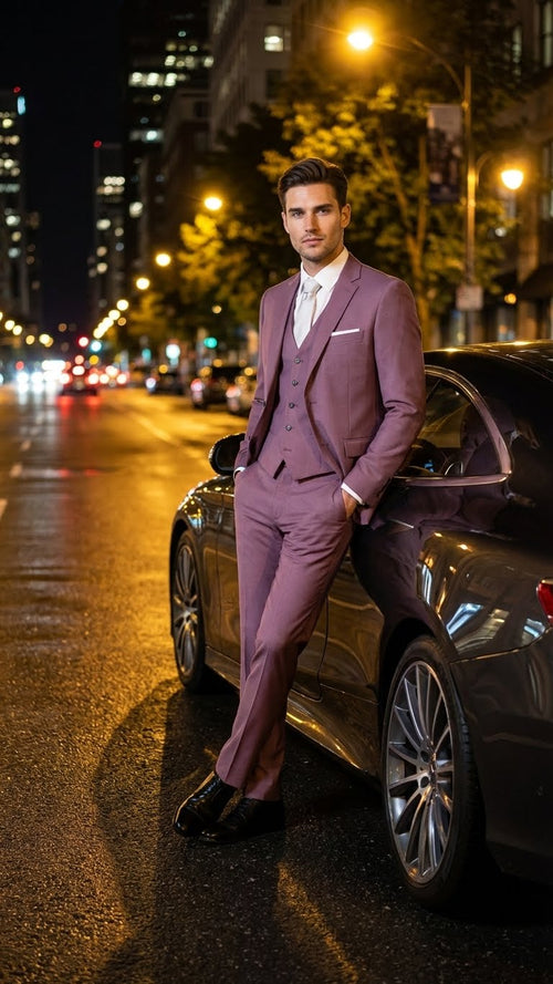 Mens Mauve Three-Piece Suit - Slim Fit Formal Blazer, Vest, and Trousers for Weddings Rose Gold Pinkish Color