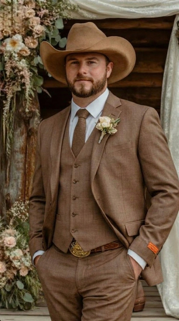 Men’s Light Brown Western 3 Piece Suit – Classic Country Style Blazer Vest Pants Set, Formal Cowboy Suit Toast