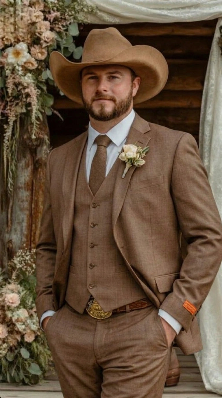 Men’s Light Brown Western 3 Piece Suit – Classic Country Style Blazer Vest Pants Set, Formal Cowboy Suit Toast - 34 Short or Extra Small