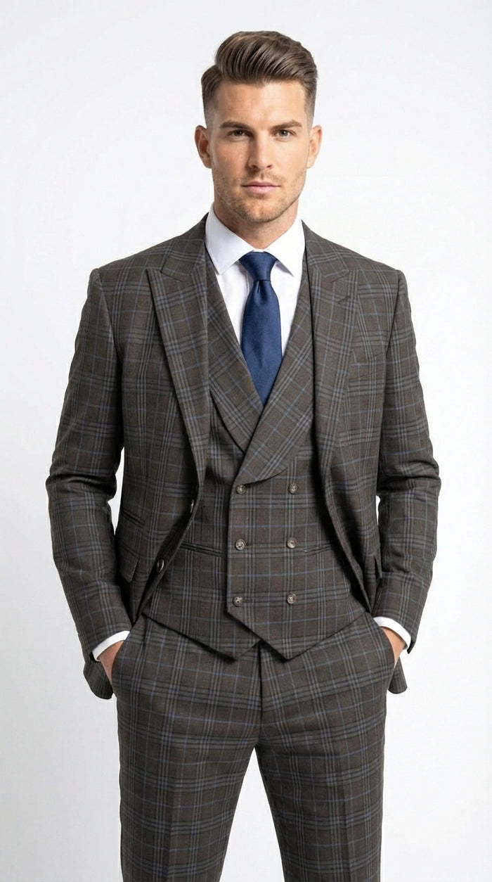 Vitali Men’s Brown Grey with blue Check 3 Piece Suit – Classic Plaid Formal Suit Set with Blazer, Vest & Trousers, Business Wedding Party Wear for Men Modern Fit