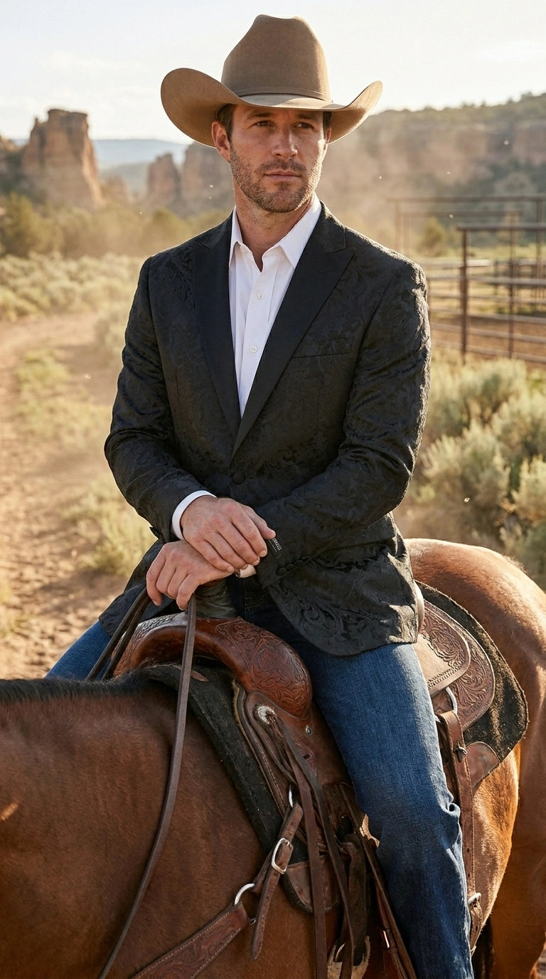 Men’s Black Paisley Western Cowboy Blazer – Classic Western Style Formal Jacket, Elegant Country Blazer Coat - saco para vaquero - 36 Short