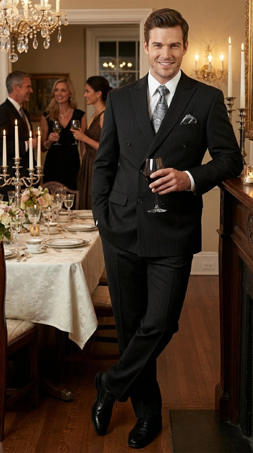 Men’s Black Pinstripe Double Breasted Suit – Peak Lapel Classic Fit Formal Business Conservative settle stripe