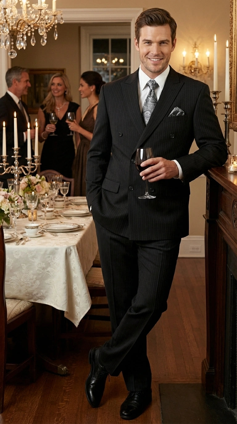 Men’s Black Pinstripe Double Breasted Suit – Peak Lapel Classic Fit Formal Business Conservative settle stripe - 34 Short or Extra Small
