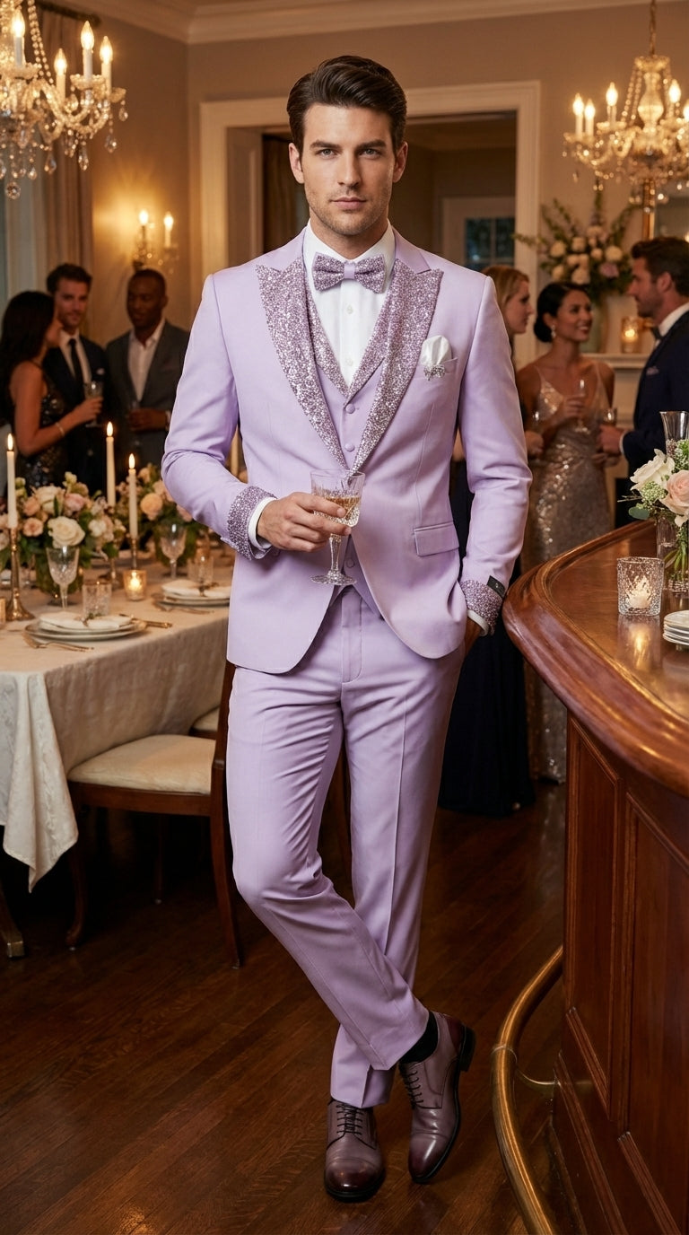Men’s Lilac Suit with Silver Glitter Sequin Lapel – Lilac and Silver Formal Tuxedo Suit for Prom, Wedding  Lavender Tuxedo - 34 Short or Extra Small