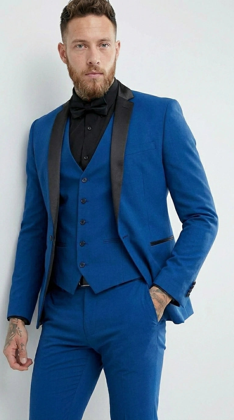 Men’s Royal Blue 3 Piece Suit with Black Lapel – Modern Formal Suit for Wedding, Prom and Party Wear - 34 Short or Extra Small