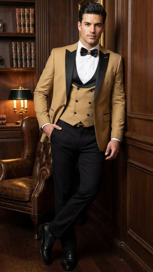 Men's Dark Camel Tan Khaki and Black Great Gatsby Tuxedo Suit Vintage 1920s Formal Wedding, Party and Event Wear