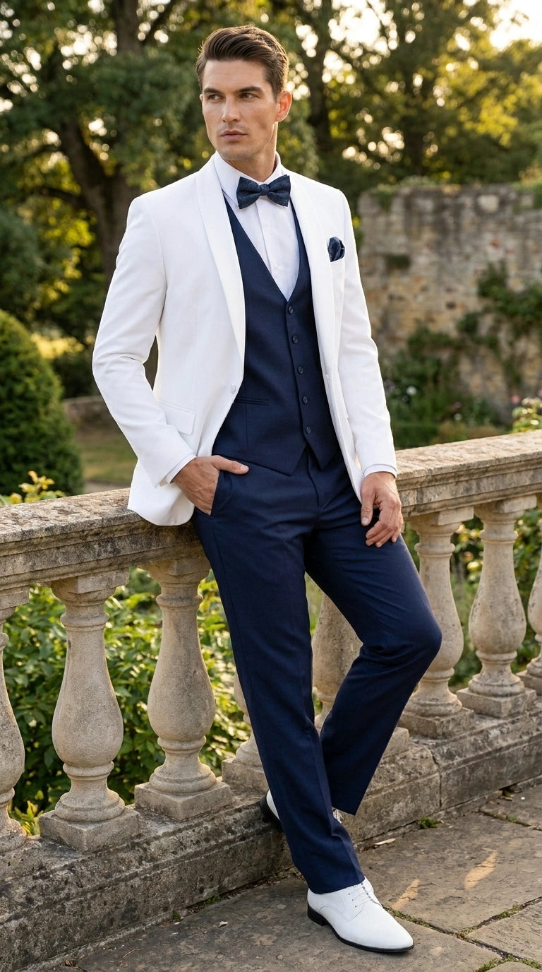Men’s White and Navy blue tuxedo  3 Piece Suit – Classic White Blazer with Navy Vest and Pants for Wedding, Party + Bowtie - 34 Short or Extra Small
