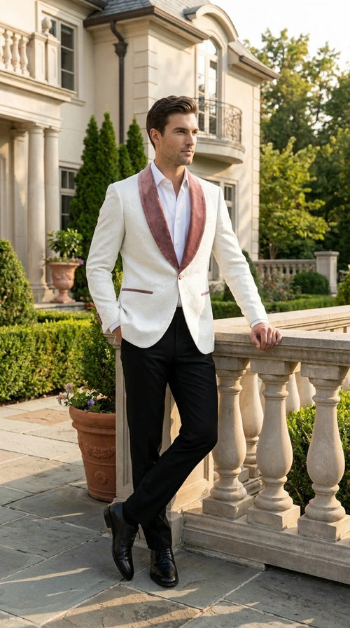 Men’s Ivory and Rose gold Floral Blazer – Elegant Shawl Lapel Formal Blazer Jacket for Wedding, Party, Prom