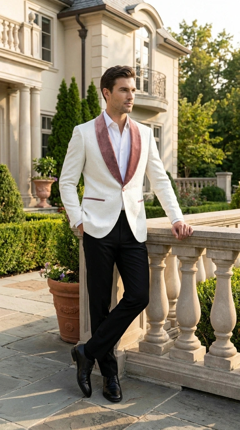 Men’s Ivory and Rose gold Floral Blazer – Elegant Shawl Lapel Formal Blazer Jacket for Wedding, Party, Prom - 36 Short