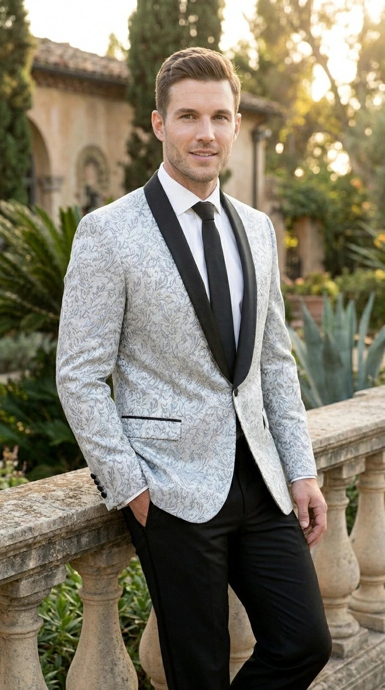 Men’s Silver and Black Floral Blazer – Elegant Formal Tuxedo Style Blazer Jacket for Wedding, Party, Prom and Evening Wear - 36R