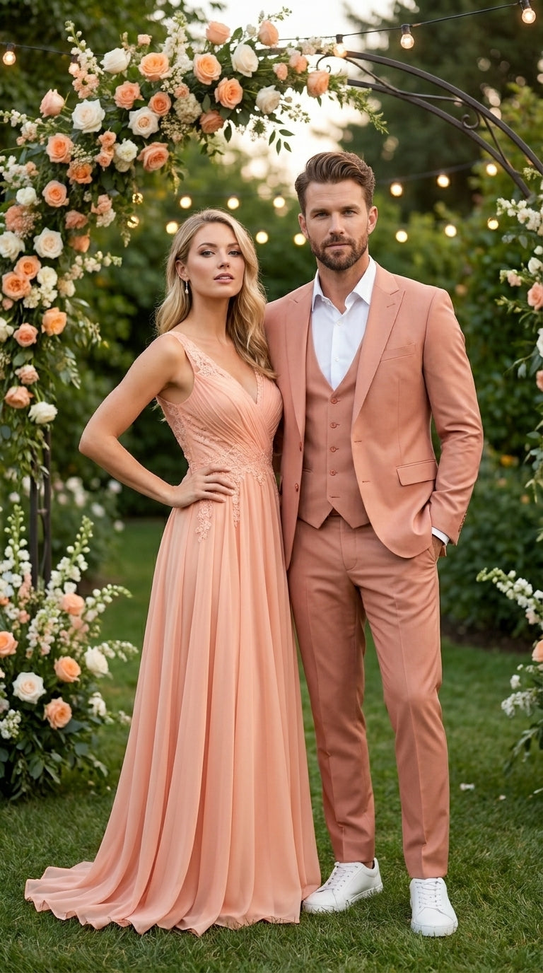 Men’s Peach Light Brown 3 Piece Suit – Wedding & Prom Formal Suit Set, Blazer Pants Double breasted vest - 34 Short or Extra Small