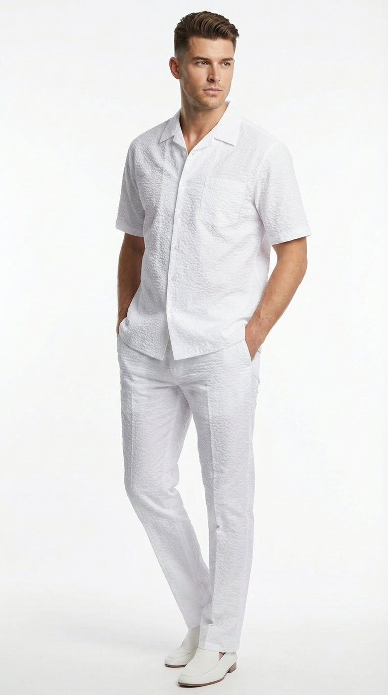 Mens White Seersucker Walking Suit Set – Casual Summer Short Sleeve Outfit with Matching Pants Lightweight Two Piece Set - S