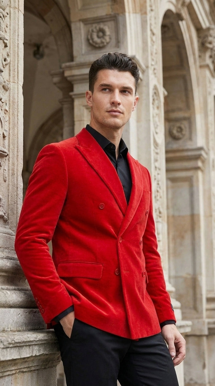 Men’s Red Double Breasted Blazer – Peak Lapel Wedding, Prom & Party Sport Coat