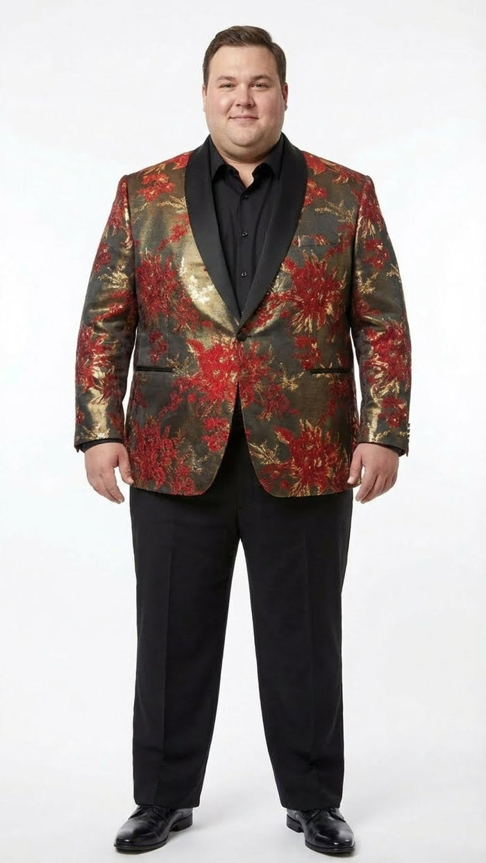 Mens Red and Gold Floral Pattern Paisley  Shawl Lapel | Luxury Evening and Party Wear Jacket Prom Christmas New Year Blazer