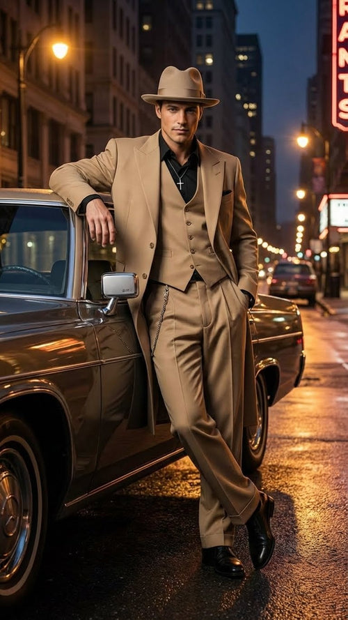 Mens 1920s Beige Zoot Suit Long Mafia Gangster Three-Piece Suit in Tan Khaki Color 40 inch Zuit Pachuco Suit