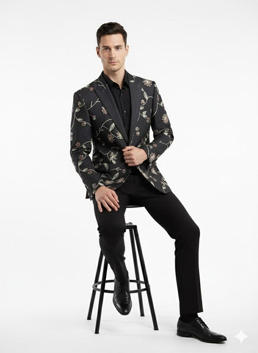 Luxury Black Floral Embroidered Blazer for Men – Designer Party and Wedding Wear Jacket - 36 Short