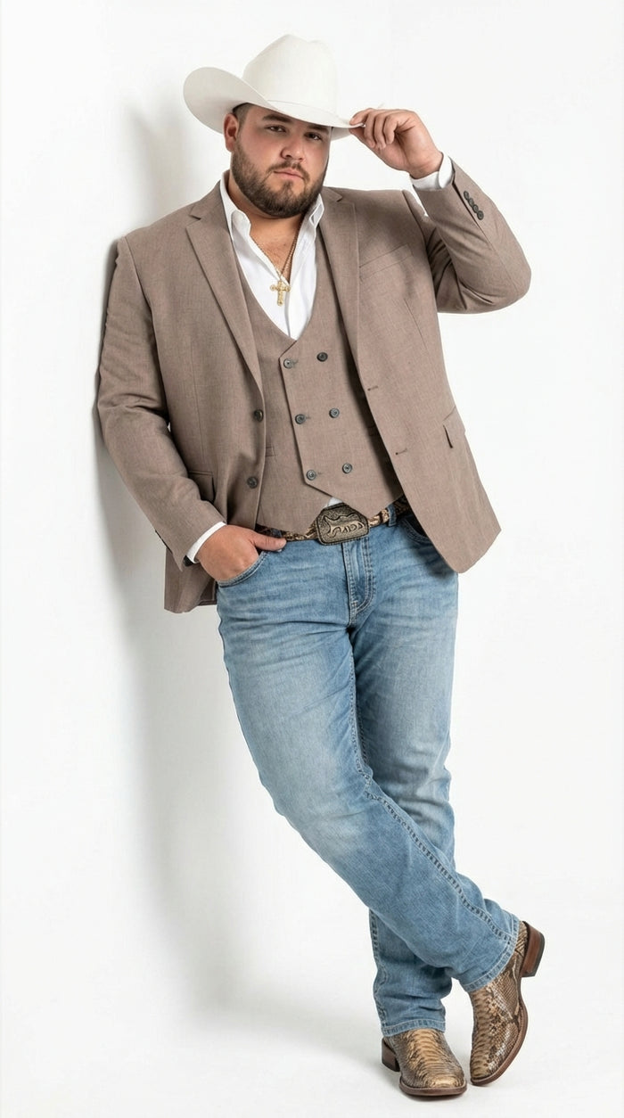 Mens Beige Cowboy Blazer with Double breasted Vest – Western Two Piece Suit Pants included