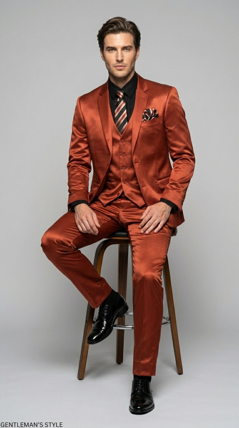 Men’s Rust Copper Coganc Shiny Sateen 3 Piece Suit, Vested Formal Wedding Prom Suit Set Ultra Slim Fit - 34 Short or Extra Small