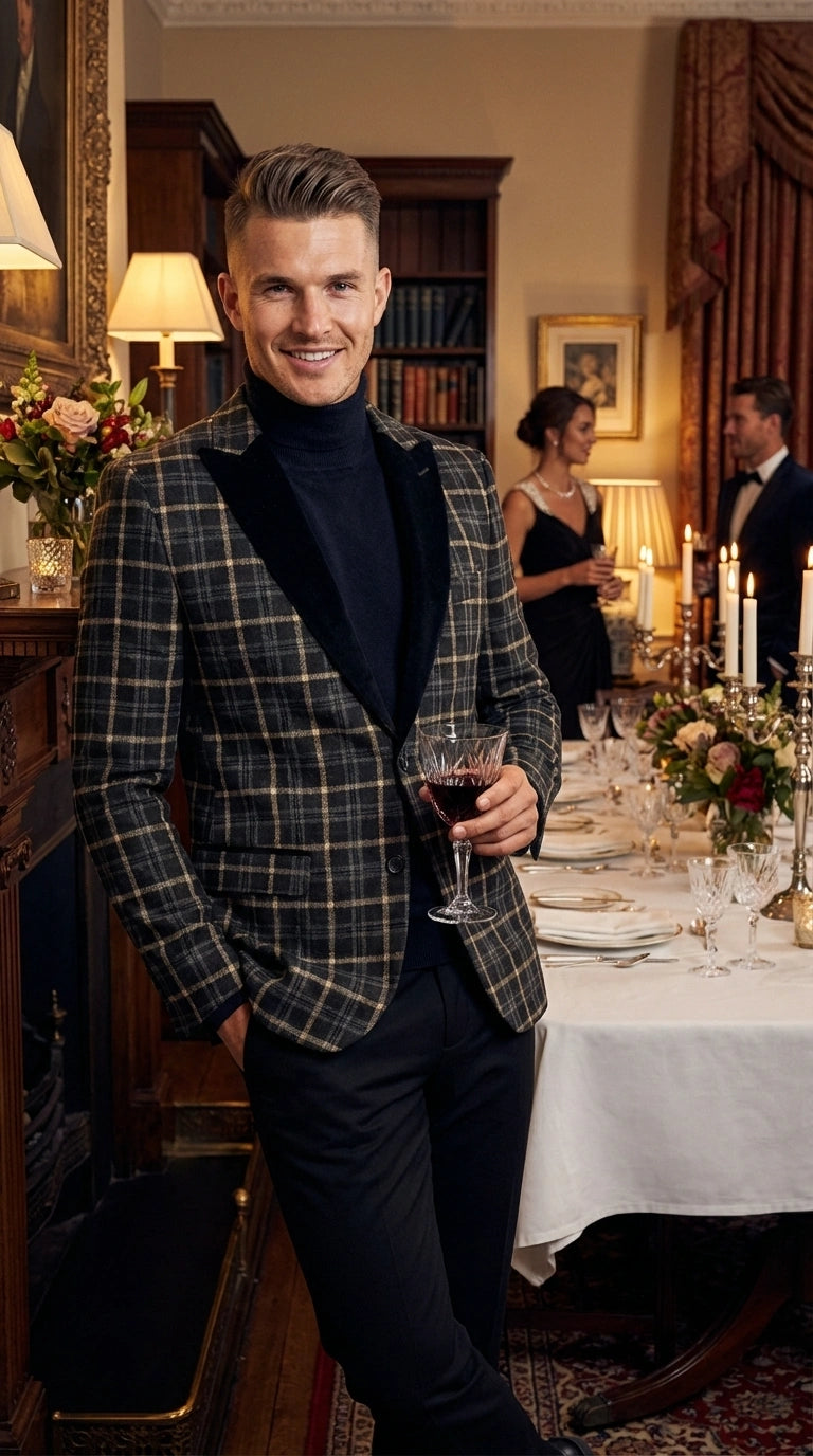 Mens Tartan Black and Gold Check Blazer – Windowpane Plaid Sport Coat Velvet Lapel Formal Party Jacket Chirsitmas New Year Holiday Jacket - 36 Short