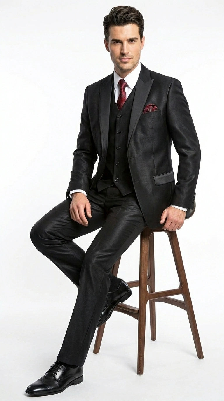 Men’s Black Shiny 3 Piece Tuxedo Groom Suit, Formal Vest Suit for Weddings, Prom, Black Tie Events, Black Lapel - 34 Short or Extra Small