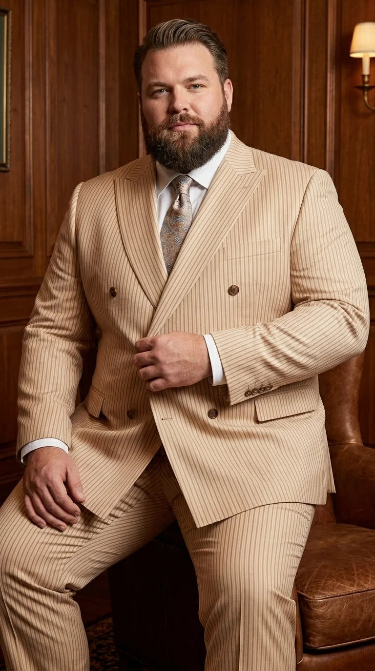 Vitali Men’s Tone on Tone Beige Pinstripe 2 Piece Suit, Double Breasted Summer Dress Suit for Weddings, Tan Beige Shadow Pinstripe - 34 Short or Extra Small