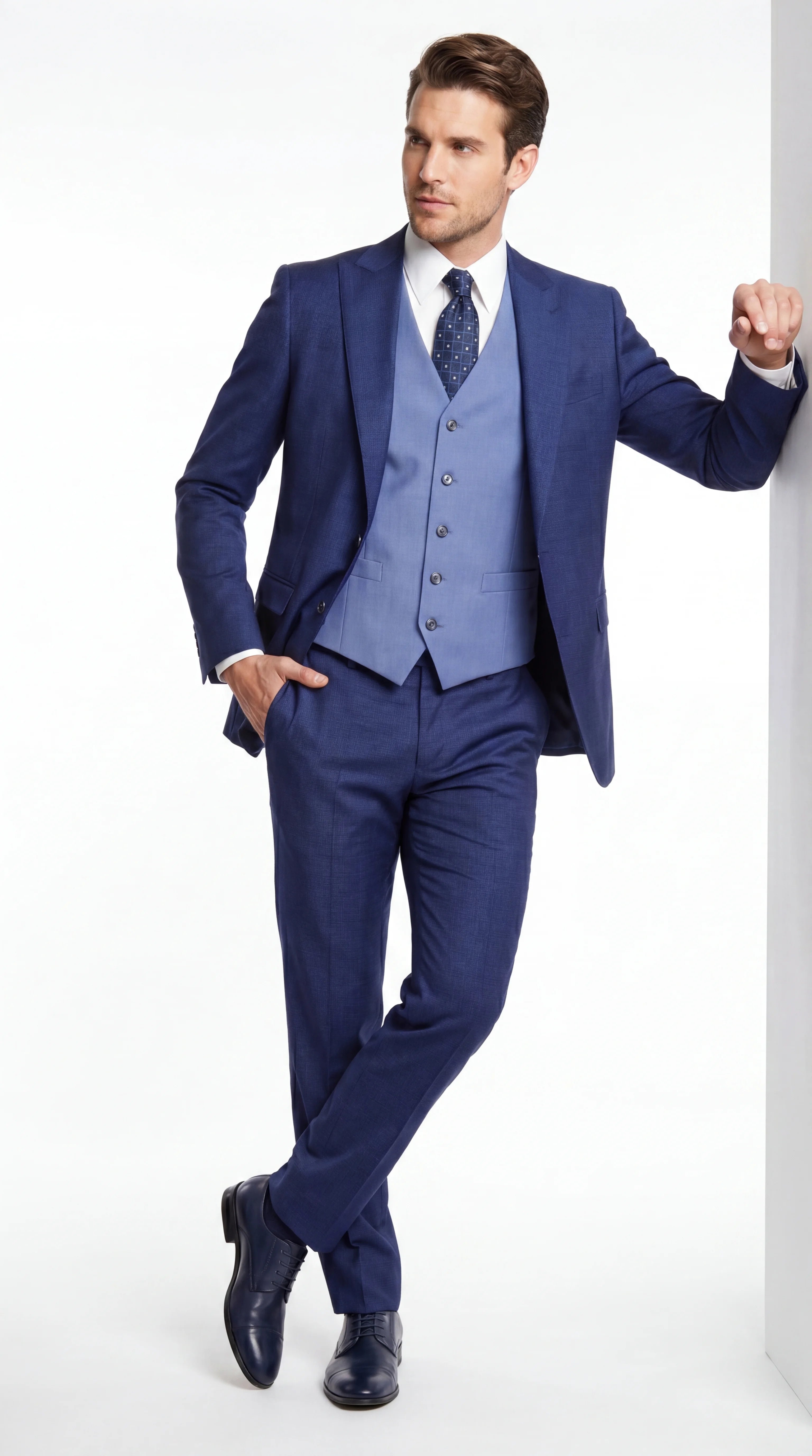 Vitali Men’s Navy Blue 3 Piece Suit with Light Blue Vest, Textured Formal Dress Suit for Weddings, Prom, Business Events, and Parties - 34 Short or Extra Small