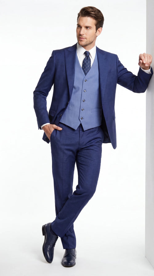 Vitali Men’s Navy Blue 3 Piece Suit with Light Blue Vest, Textured Formal Dress Suit for Weddings, Prom, Business Events, and Parties
