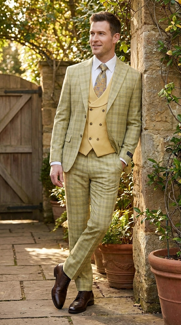 Vitali Men’s Sage Beige Tan Plaid 3 Piece Suit, Check Pattern Formal Dress Suit for Weddings, Prom, Business Events, Modern Fit Light Yellow Color - 34 Short or Extra Small