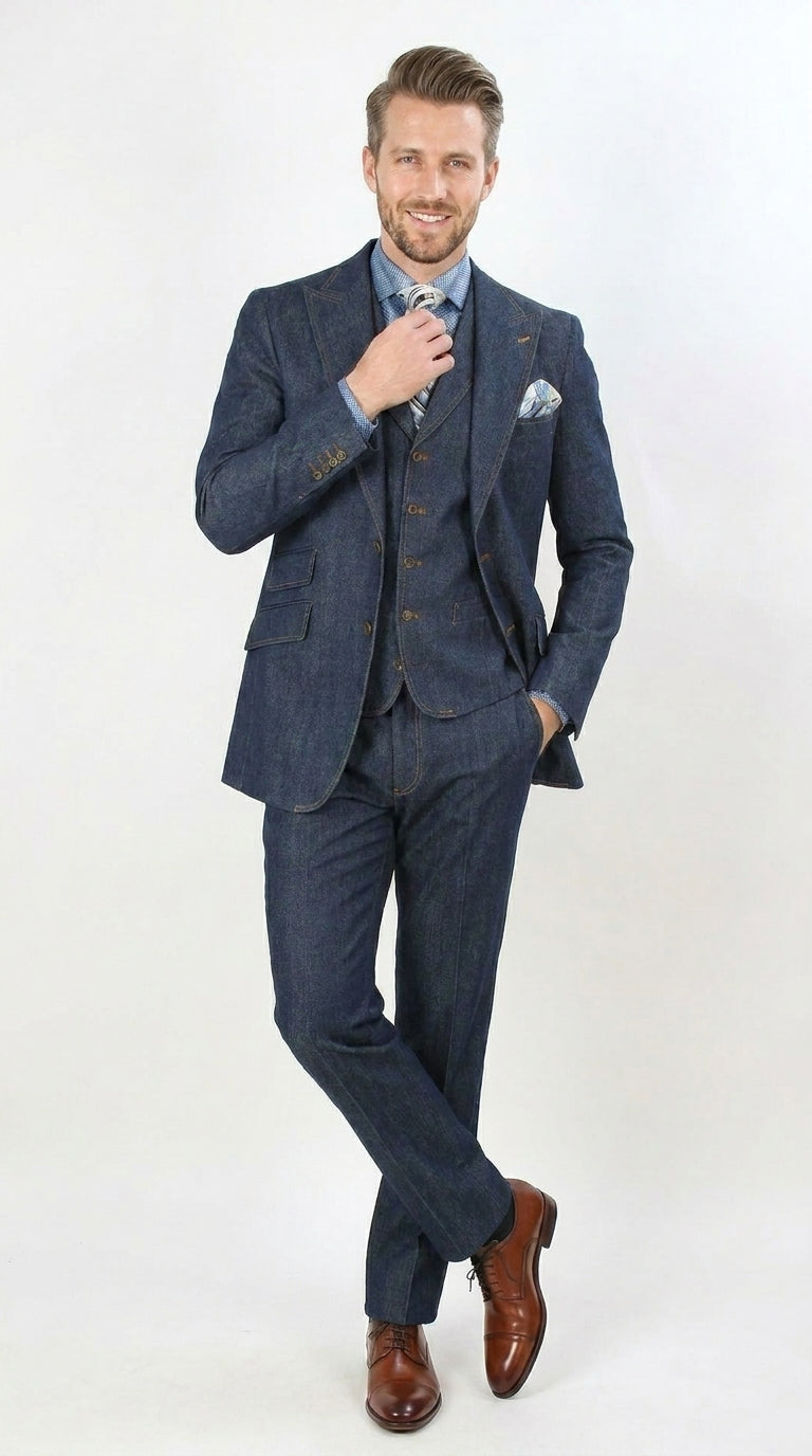 Men’s Pleated Pants Dark Blue Denim 3 Piece Suit – 100% Cotton Formal Suit Set, Blazer Vest Pants Outfit Classic Fit Athletic Fit Lose Fit