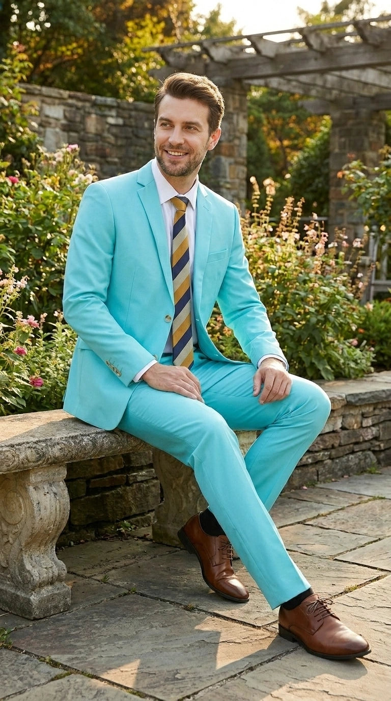 Men’s Aqua Blue 2 Piece 2 Button Suit, Formal Dress Suit for Weddings, Prom, Parties, Summer Events, Turquoise Light blue - 34 Short or Extra Small