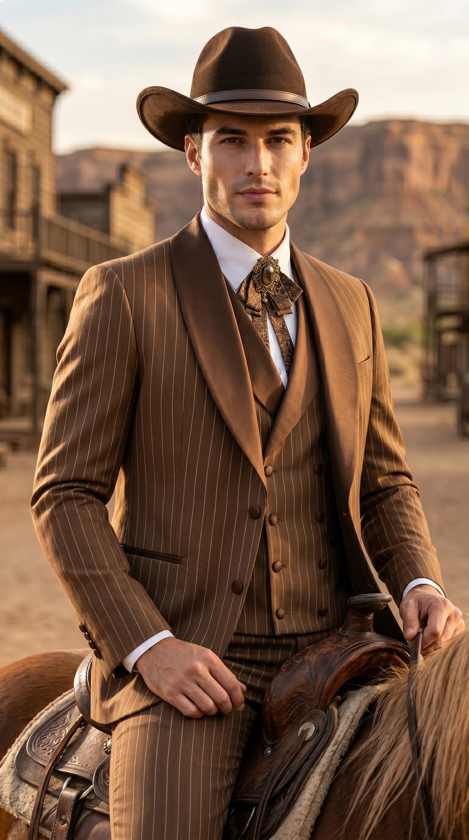 Men’s Brown Pinstripe Western Cowboy Tuxedo, Contrast Shawl Lapel Formal Suit for Weddings, Prom, Parties, and Special Occasions - 34 Short or Extra Small